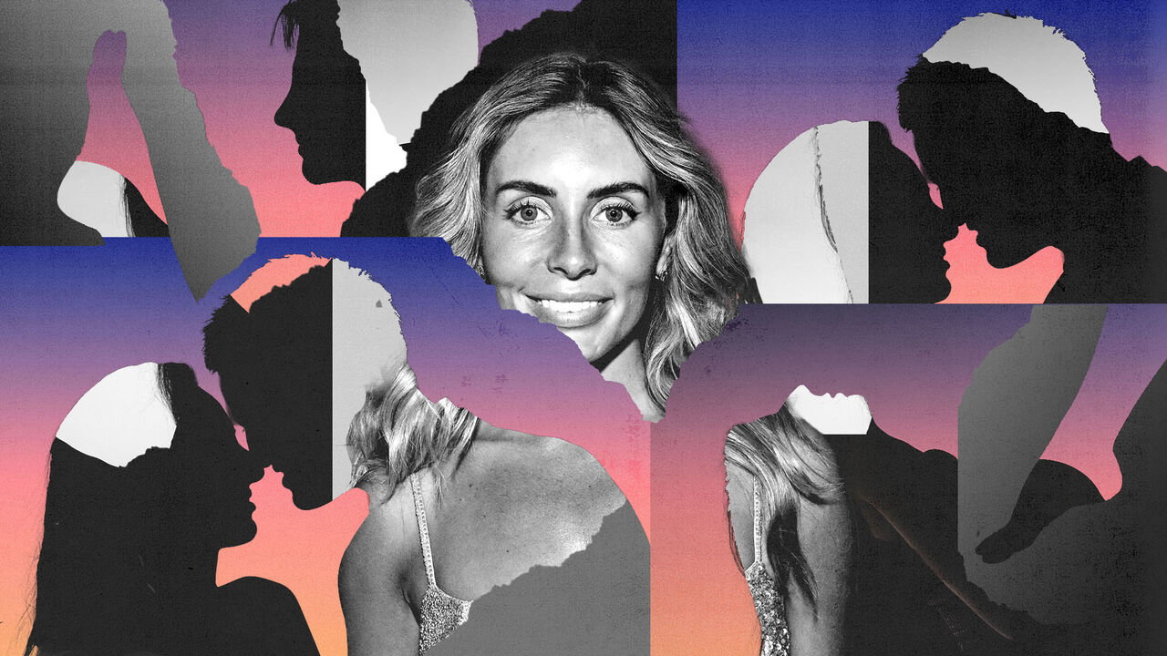 This illustration appears to represent the theme of modern romance or dating, possibly in the context of reality TV or dating shows. The central focus is on a smiling woman in full color, while the surrounding silhouettes of couples kissing or being intima