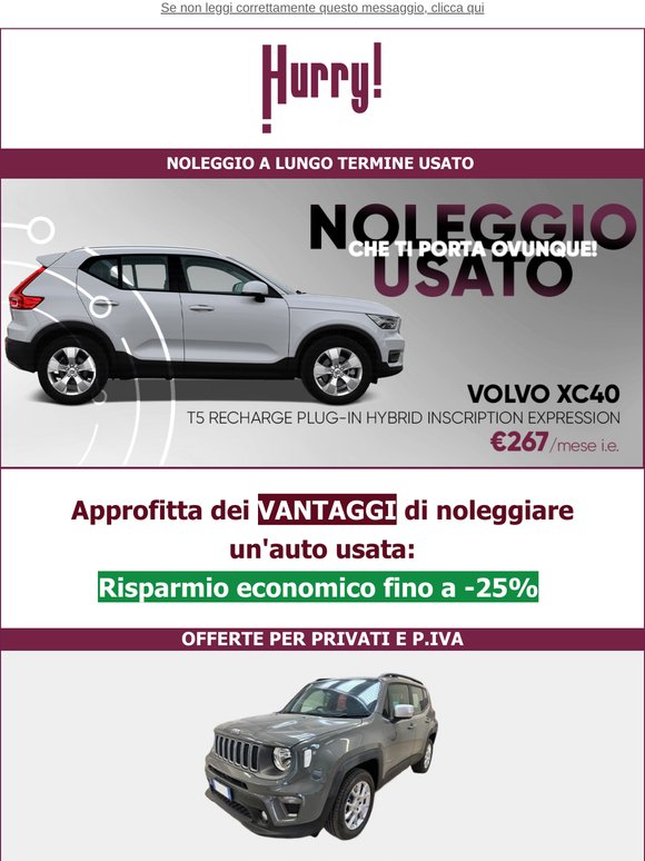 💲FINO al -25% sul NOLEGGIO DI UN' AUTO USATA🚘: Volvo XC40, Renegade, Q5, e tante altre!