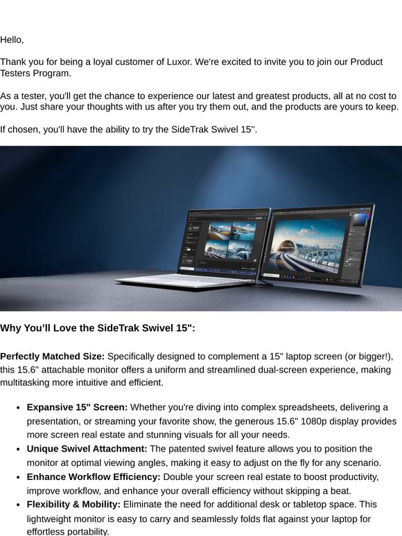Review the SideTrak Swivel 15’’ Portable Monitor at No Cost!