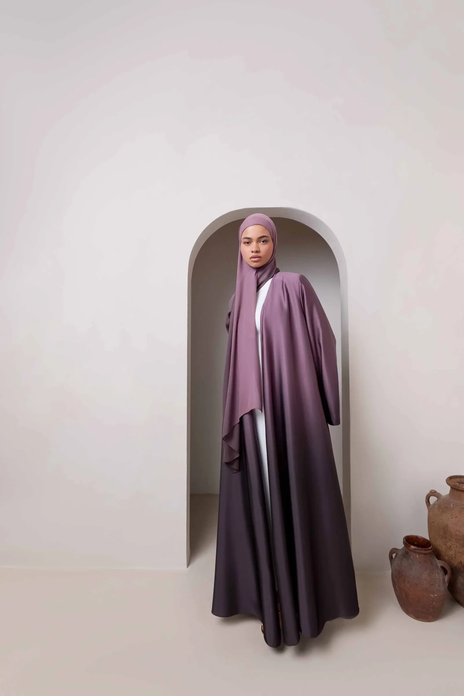 Image of Satin Ombre Open Abaya - Chocolate Plum