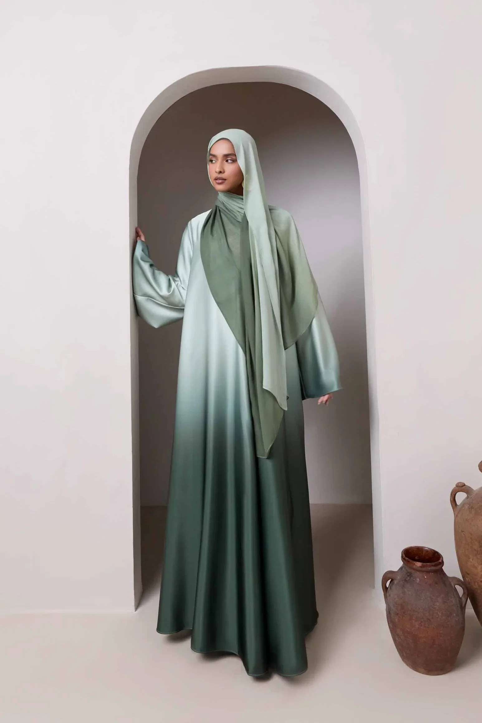 Image of Satin Ombre Open Abaya - Dark Olive
