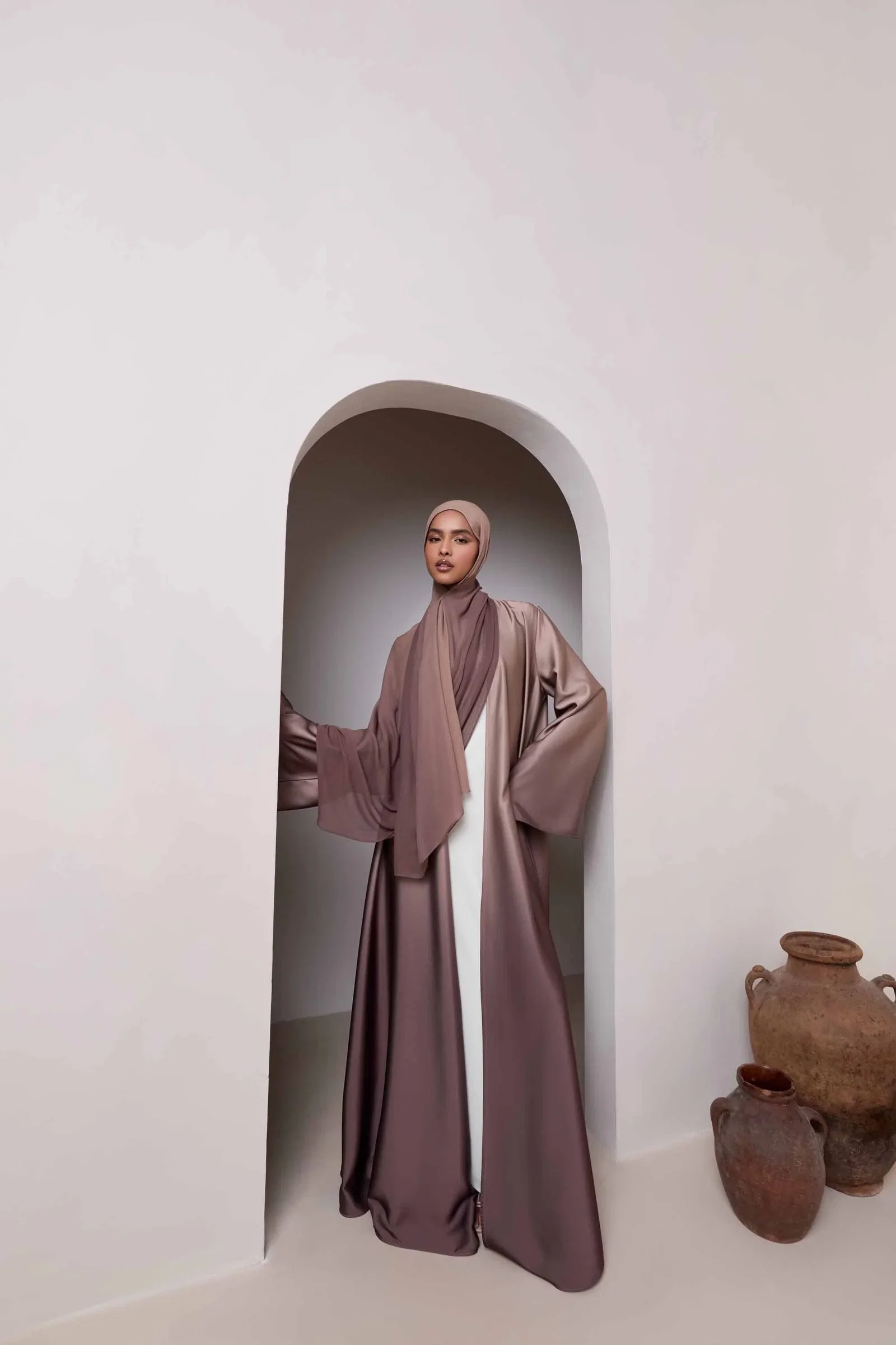 Image of Satin Ombre Open Abaya - Mocha Latte