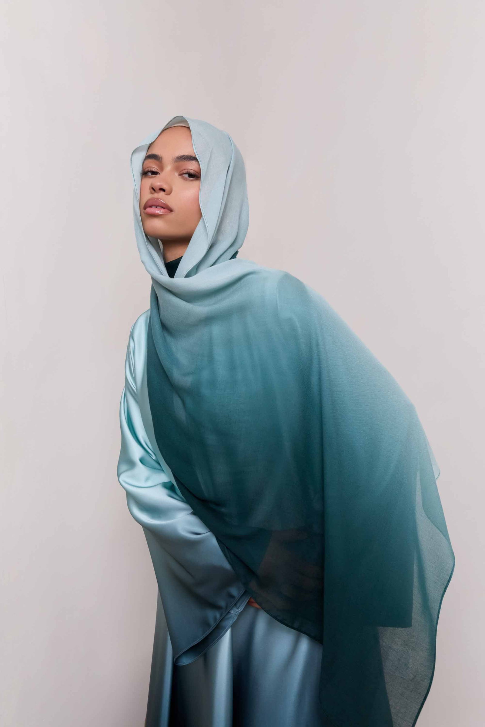 Image of Satin Ombre Open Abaya - Night Pine