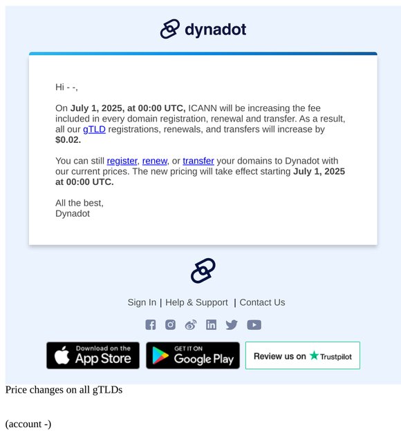 Price changes on all gTLDs