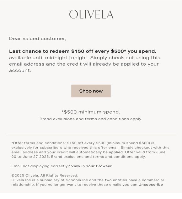 Last chance to redeem $150 off every $500 you spend