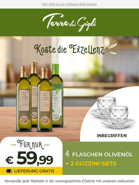 Nur für kurze Zeit: 2 Guzzini-Tassen-Sets und 4 Flaschen Olivenöl extra vergine für nur 59,99 € ✨ - Lieferung gratis