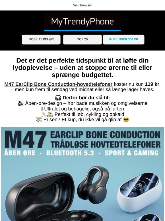 🔥 Vores bedst sælgende M47 EarClip Bone Conduction-hovedtelefoner – nu kun 119 kr!