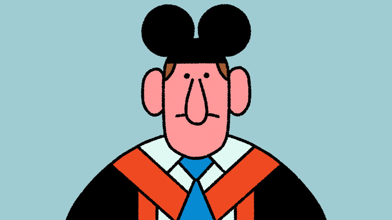 Illustration of a graduate wearing mickey mouse ears