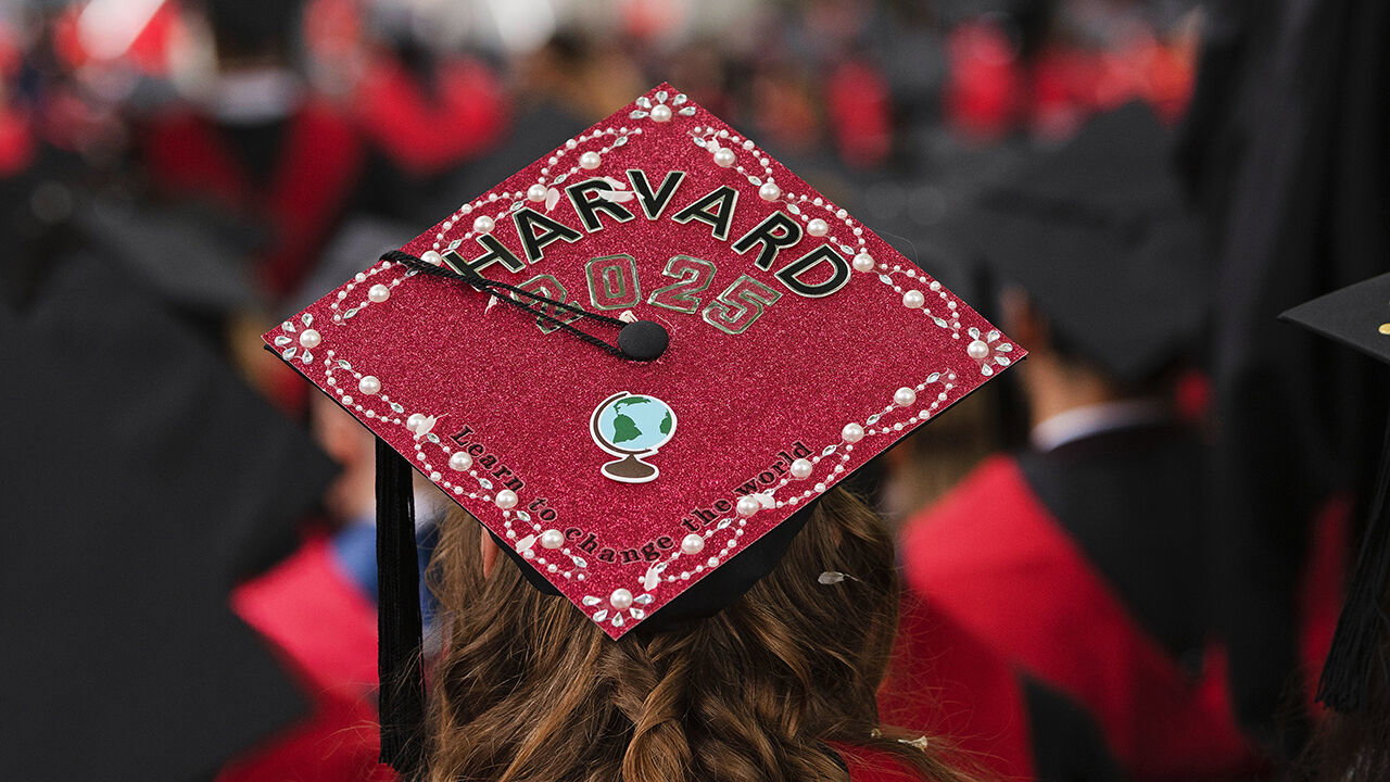 The top of a graduate's mortarboard during Harvard's commencement ceremony.