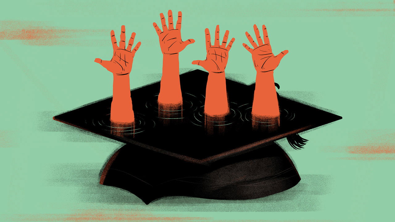 Some hands reaching out from a student graduation hat