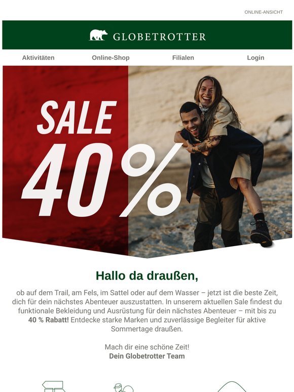 Bis zu 40 % auf Bekleidung & Ausrüstung für dein nächstes Abenteuer