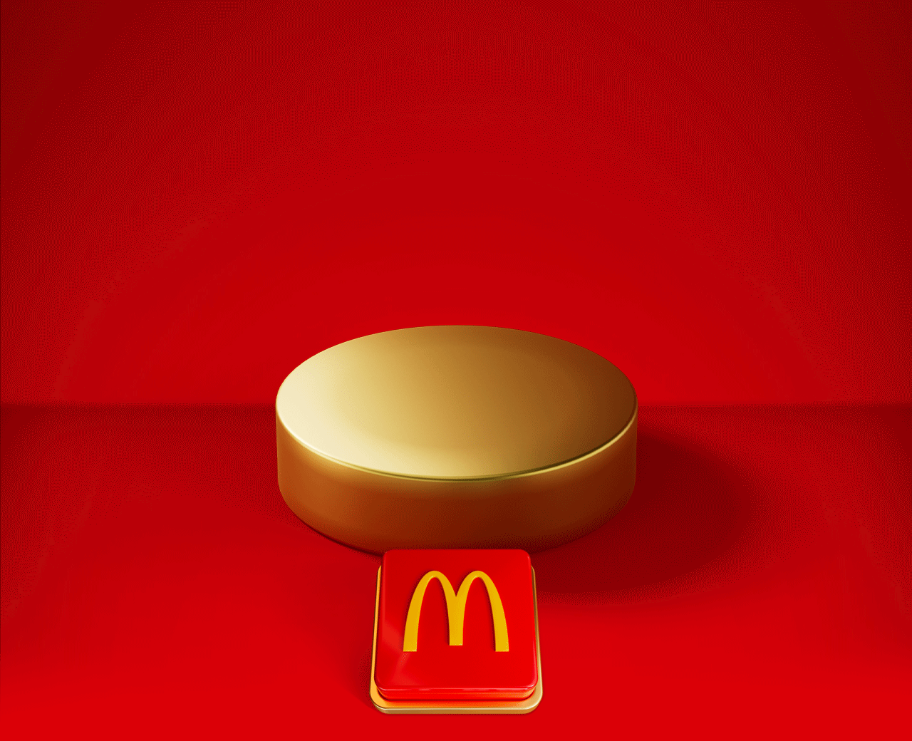 An empty gold plinth sits on a red background with a big red button beneath it. Text reads TAP TO REVEAL MONDAY'S DEAL