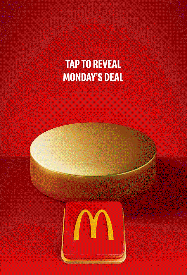 An appetising McDonald's meal sits on a gold plinth. Celebratory gold icons explode out. Text reads SAVE 10% WHEN YOU SPEND £12 ON FOOD OR DRINK