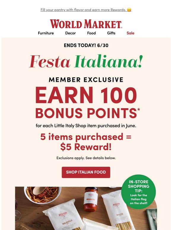 🇮🇹🍝🤌 Hurry! Extra Rewards on Italian food ends TODAY.