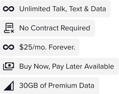 Gray background image with white text and icons listing features of a phone plan: Unlimited Talk, Text & Data, No Contract Required, $25/mo. Forever, Buy Now, Pay Later Available, and 30GB of Premium Data.