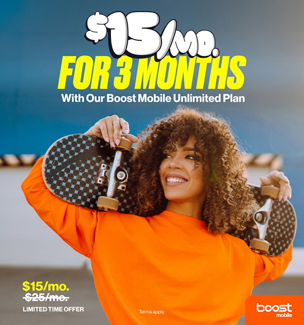 A young woman with curly hair and a bright orange sweater smiles while holding a skateboard behind her neck. Text on the image advertises a Boost Mobile Unlimited Plan for $15/month for 3 months. The original price of $25/month is crossed out. The bottom right corner features the Boost Mobile logo, and the text "LIMITED TIME OFFER" appears at the bottom.