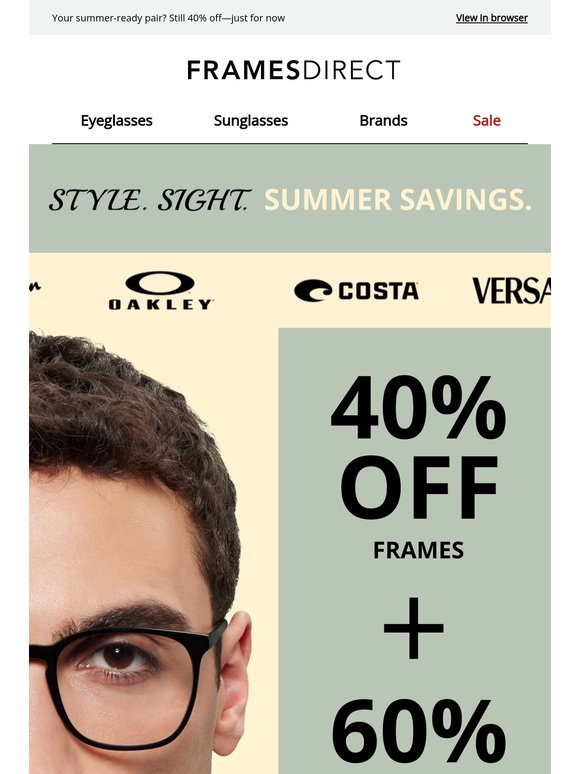 Don’t miss out – complete your pair with 40% off frames + up to 60% off lenses 😎☀️