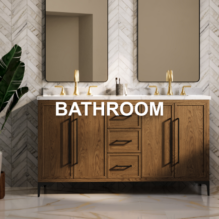 Caption: BATHROOM. Bathroom with white marble wall tile in chevron pattern and wood double vanity with white top.