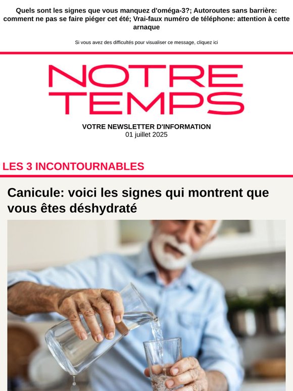 📌 Canicule: voici les signes qui montrent que vous êtes déshydraté; Impôts: la date du remboursement du fisc; Les 6 meilleures glaces et sorbets selon Yuka