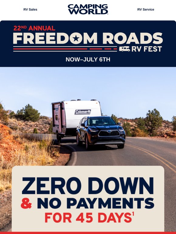 Put $0 down + make no payments for 45 days on your new RV!