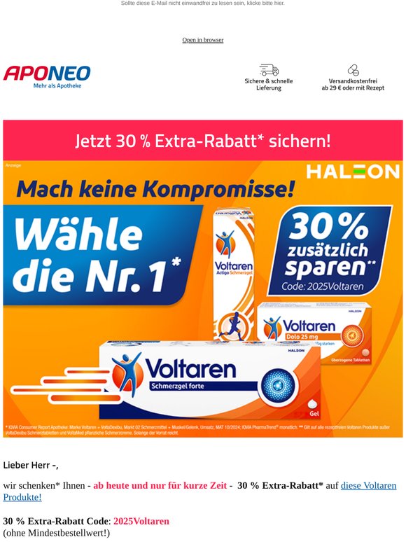 🎈 Jetzt 30 % Extra-Rabatt* auf Voltaren Produkte! 🎈