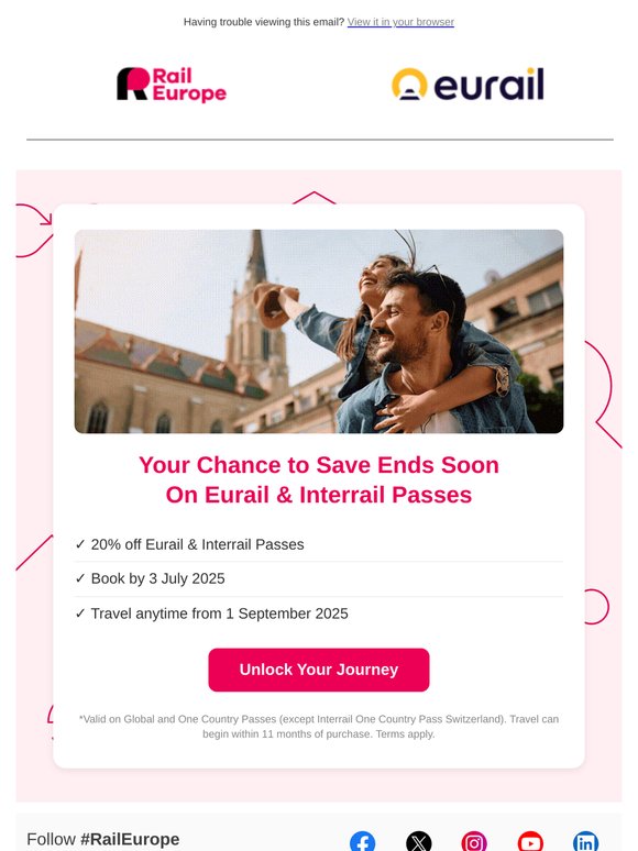 🚆 Just 1 day left to save 20% on Eurail and Interrail Passes!