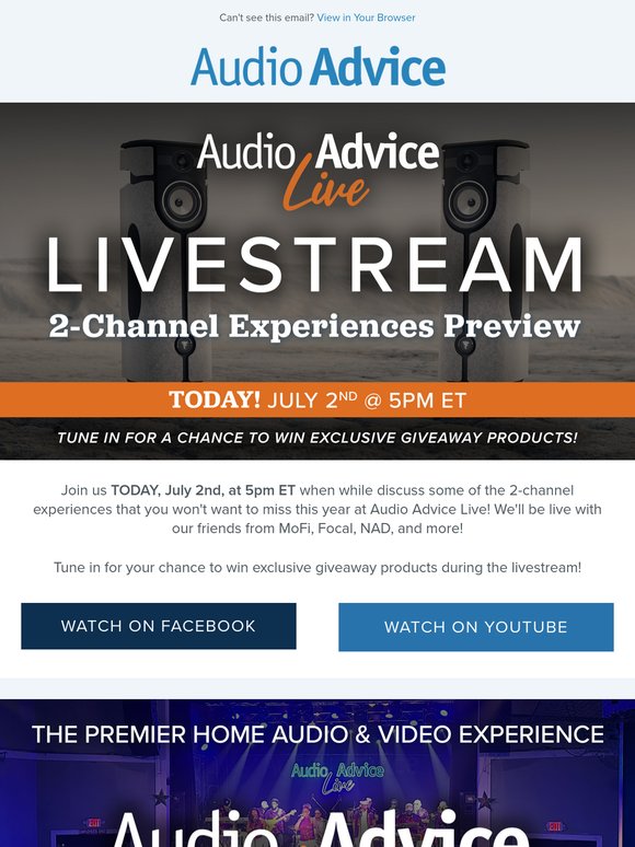 🔊Audio Advice Live 2-Channel Experiences Livestream - TODAY! WEDNESDAY, 7/2 @ 5PM ET