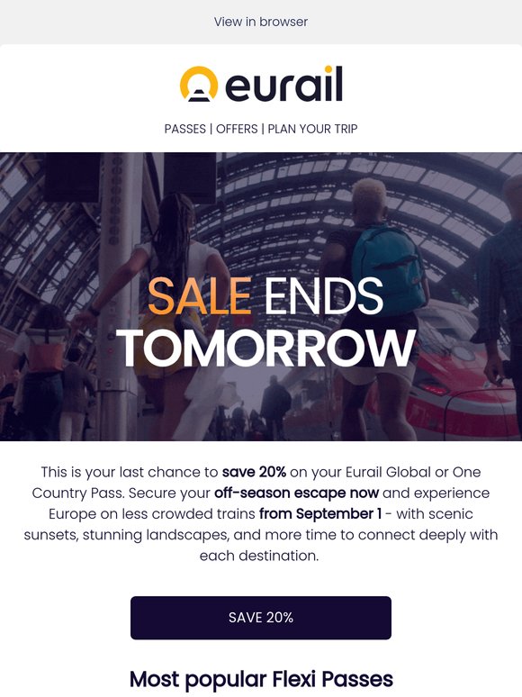 Last chance: 20% off Eurail Passes 🚂