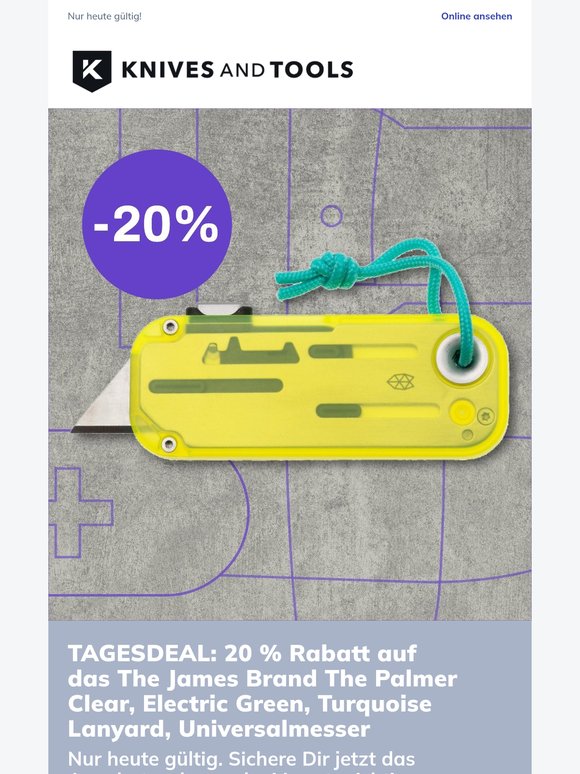 TAGESDEAL: 20 % Rabatt auf das The James Brand The Palmer Clear, Electric Green, Turquoise Lanyard, Universalmesser