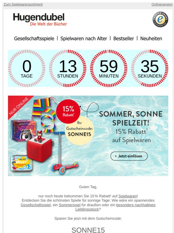 Nur noch heute 15% auf Spielwaren! 🌞🏖️