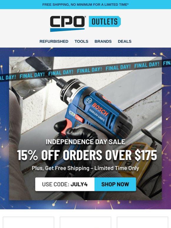 Ends Tonight! Extra 15% Off Tools + Free Shipping