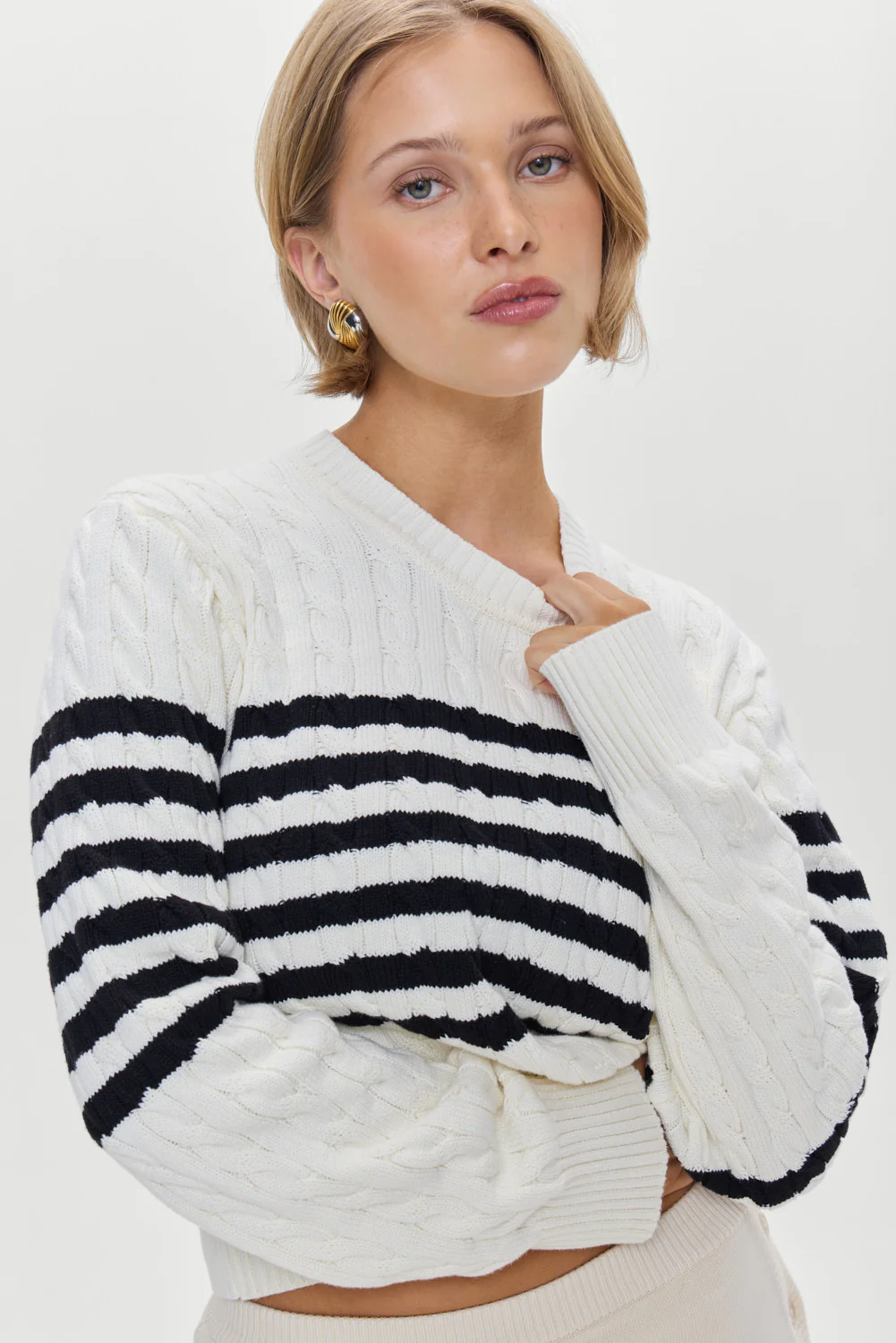 Image of Varsity Striped Cable Knit Sweater - Ivory