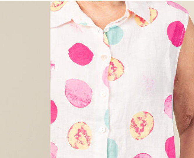Sleeveless Button-Down Top with Flowing Circle Print