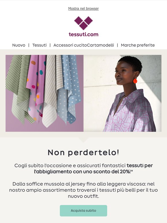 Solo fino a domani: -20% sui tessuti per abbigliamento