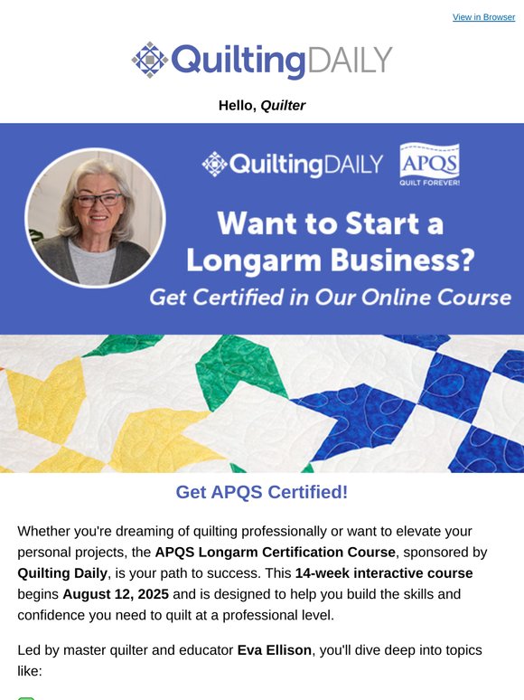 Registration Now Open! Become a Certified Longarm Quilter