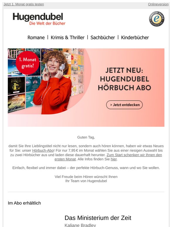 Neu: Hugendubel Hörbuch Abo - 1. Monat geschenkt! 🎧