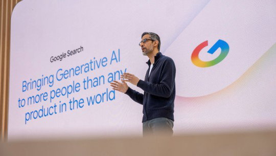 Sundar Pichai gestures as he speaks in front of text reading "Google Search - Bringing Generative AI to more people than any product in the world"