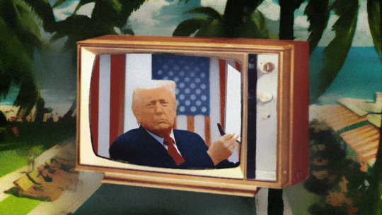 An illustration shows a TV with palm trees in the background and President Trump on the screen