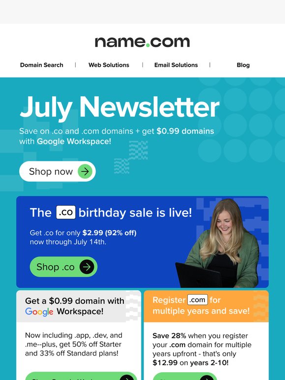 July Newsletter: Save on domains like .co and .com!