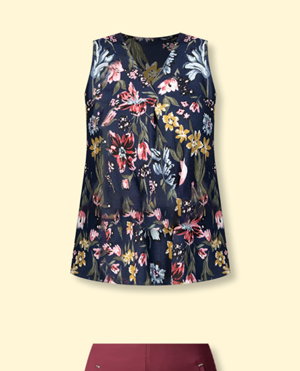 Sleeveless V Neck Top With Floral Print And Pleat