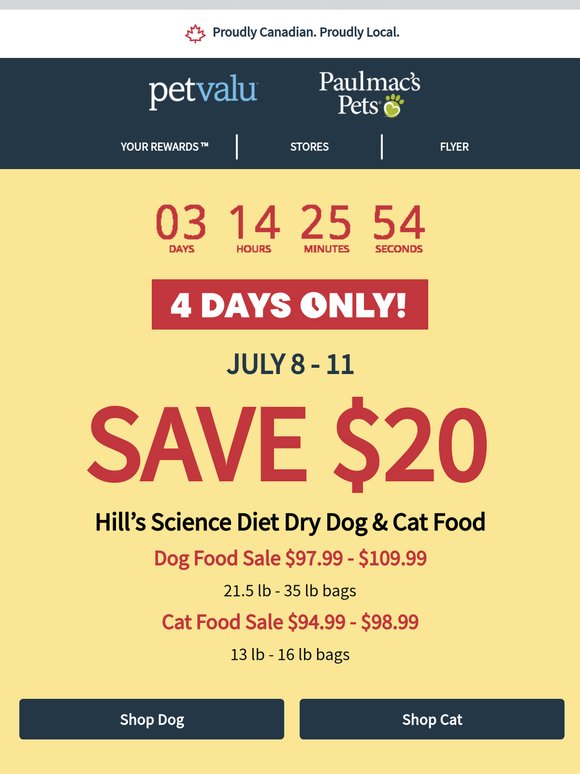 Only 4 days to SAVE $20 on Hill’s Science Diet Dog & Cat food, select large size bags