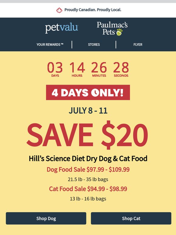 Only 4 days to SAVE $20 on Hill’s Science Diet Dog & Cat food, select large size bags