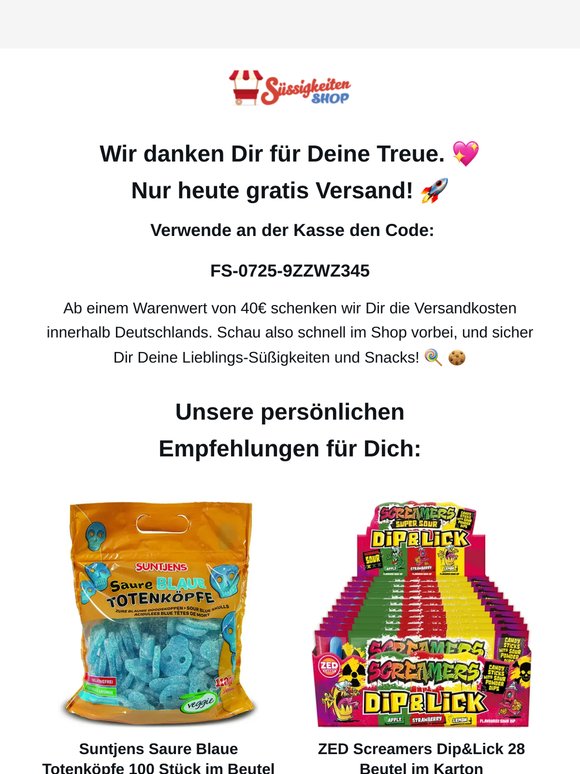 🍬 Nur heute: gratis Versand nach Deutschland mit deinem persönlichen Gutschein!