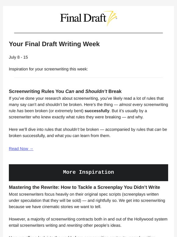 Your Final Draft Weekly Digest: July 8 – 15