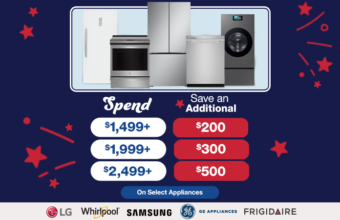 Spend $1,499 save $200, spend $1,999 save $300, spend $2,499 save $500 on select appliances