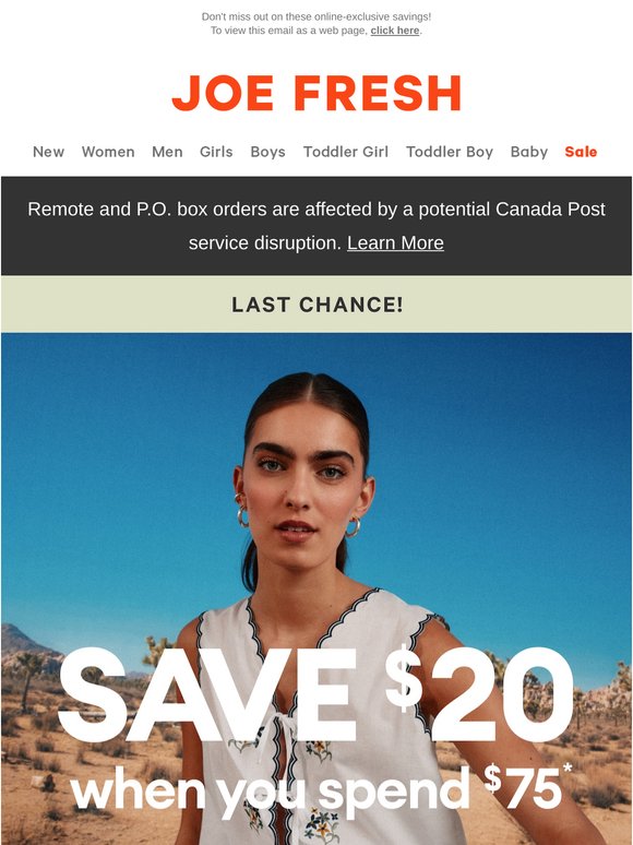 LAST CHANCE! Save $20 when you spend $75 🚨