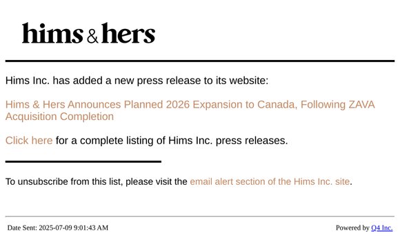 Hims Inc. - Hims & Hers Announces Planned 2026 Expansion to Canada, Following ZAVA Acquisition Completion