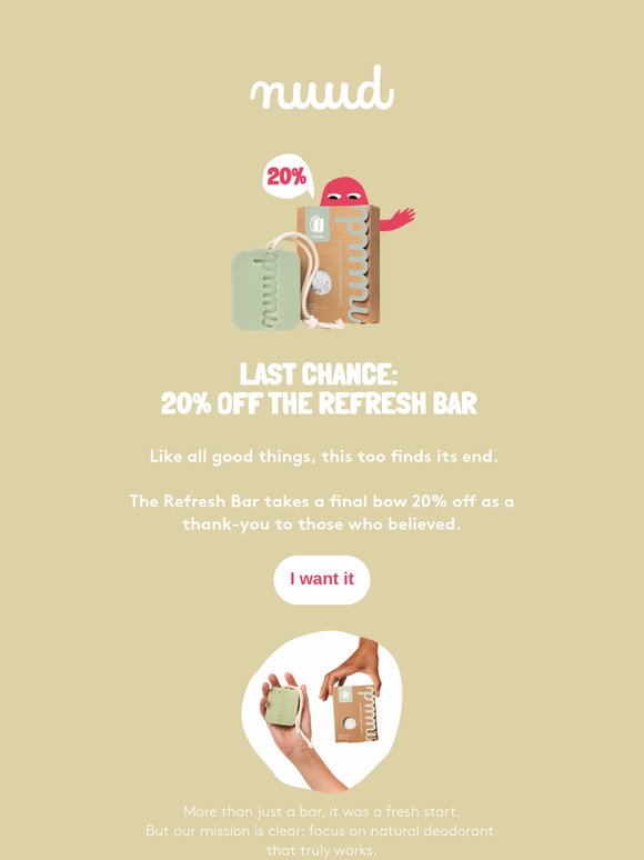 Last chance: 20% off the Refresh Bar