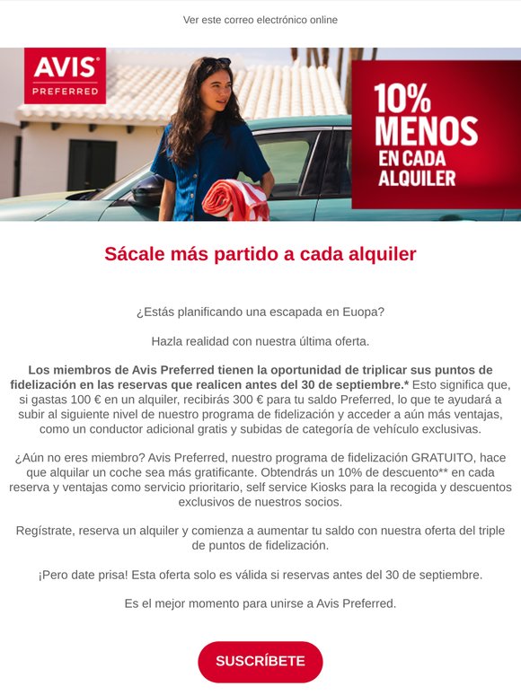 Triplica tus puntos de fidelización con Avis Preferred