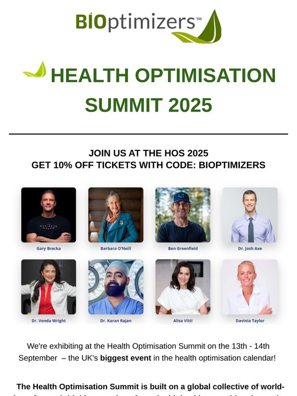 BIOptimizers: 10% off The Health Optimisation Summit